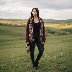Alya Aztec Open Cardigan Sz Small Burgundy Long Sleeve Fringe Southwestern